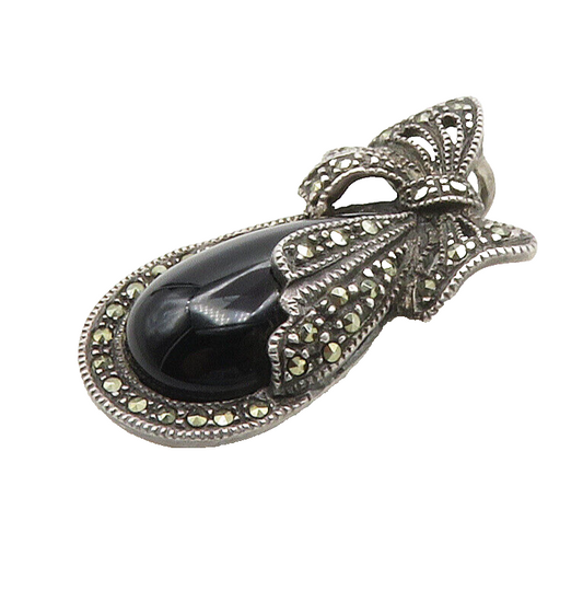 925 Silver  Vintage Black Onyx & Marcasite Bow Tied Ribbon Pendant  PT13279