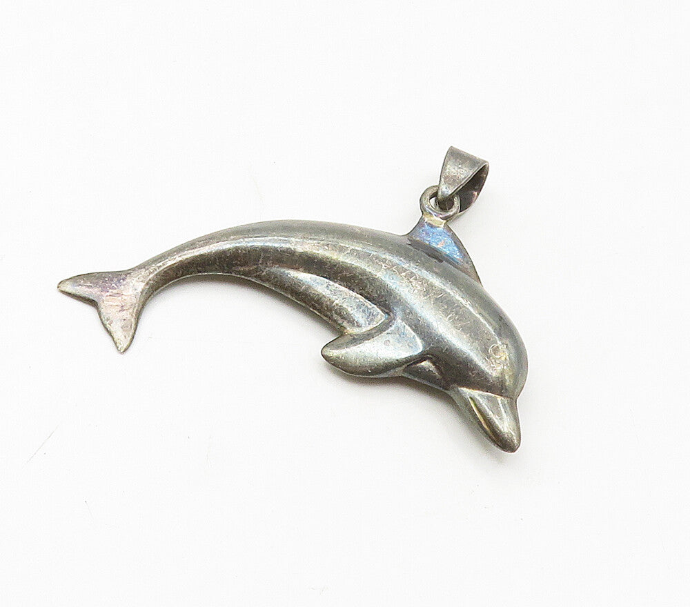 925 Sterling Silver  Vintage Dark Tone Dolphin Motif Animal Pendant  PT13345