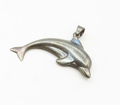 925 Sterling Silver  Vintage Dark Tone Dolphin Motif Animal Pendant  PT13345