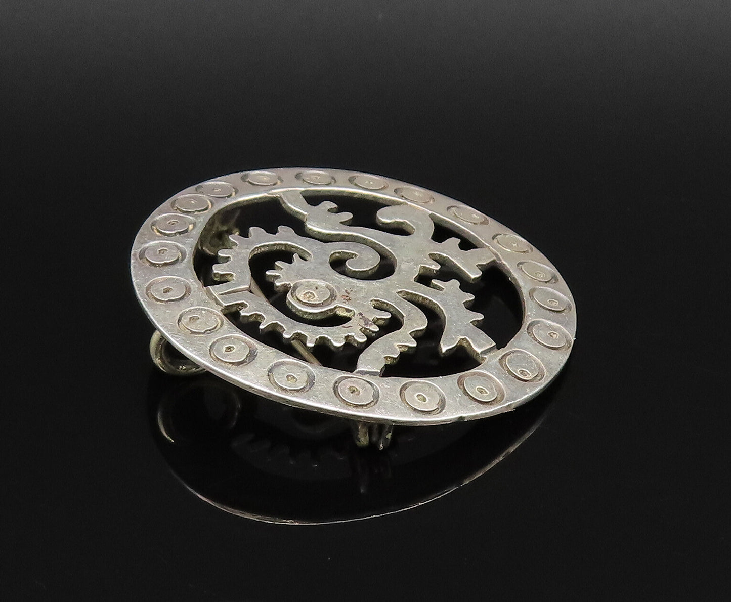 925 Sterling Silver  Vintage Circle Pattern & Dragon Cutout Brooch Pin  BP9898