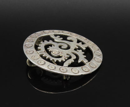 925 Sterling Silver  Vintage Circle Pattern & Dragon Cutout Brooch Pin  BP9898
