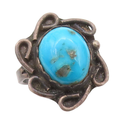925 Sterling Silver Vintage Ring NAVAJO Oval Turquoise Flower  Sz 6  RG32544