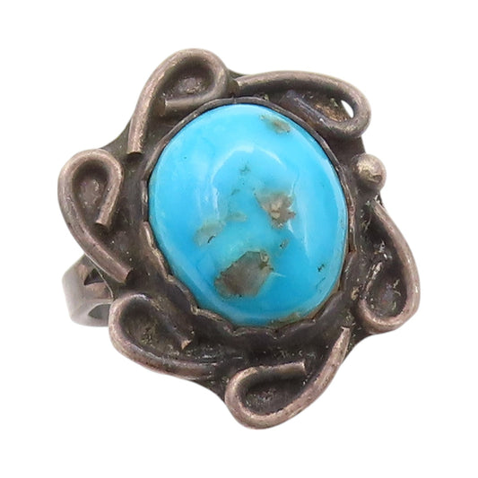 925 Sterling Silver Vintage Ring NAVAJO Oval Turquoise Flower  Sz 6  RG32544