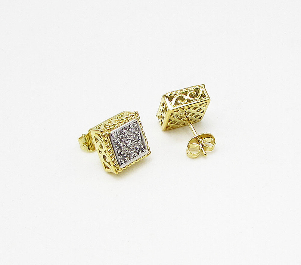 Gold Over 925 Silver  .12ctw Genuine Diamonds Dice Stud Earrings  EG1909