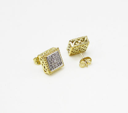 Gold Over 925 Silver  .12ctw Genuine Diamonds Dice Stud Earrings  EG1909
