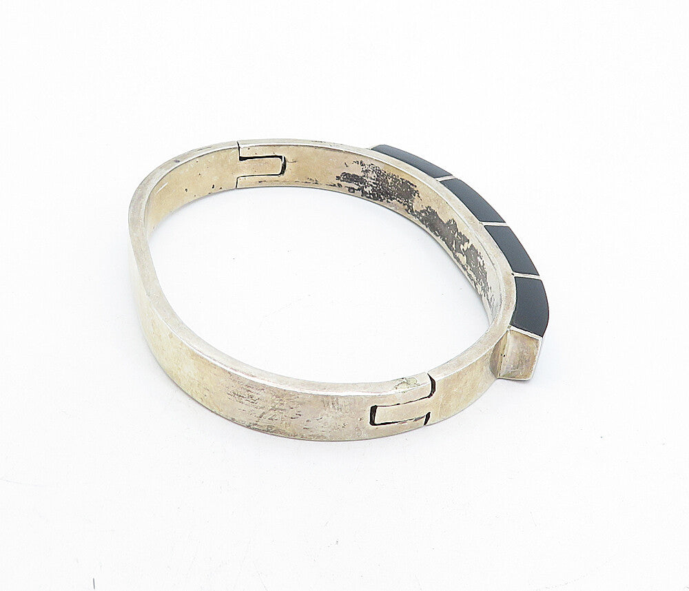 MEXICO 925 Sterling Silver Vintage Black Onyx Hinge Bangle Bracelet BT1939