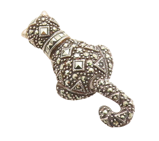 925 Sterling Silver Vintage Brooch Pin Solid Cutout Marcasite Inlay Cat  BP11380