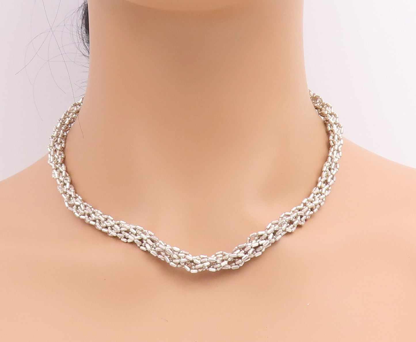 925 Sterling Silver Vintage Necklace Classic Multi Strand Woven Chain  NE4777