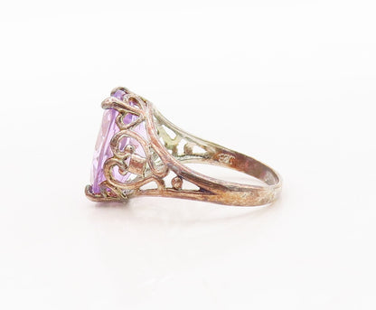 925 Sterling Silver Vintage Ring Heart Cutout Oval Amethyst  Sz 6.5  RG29673
