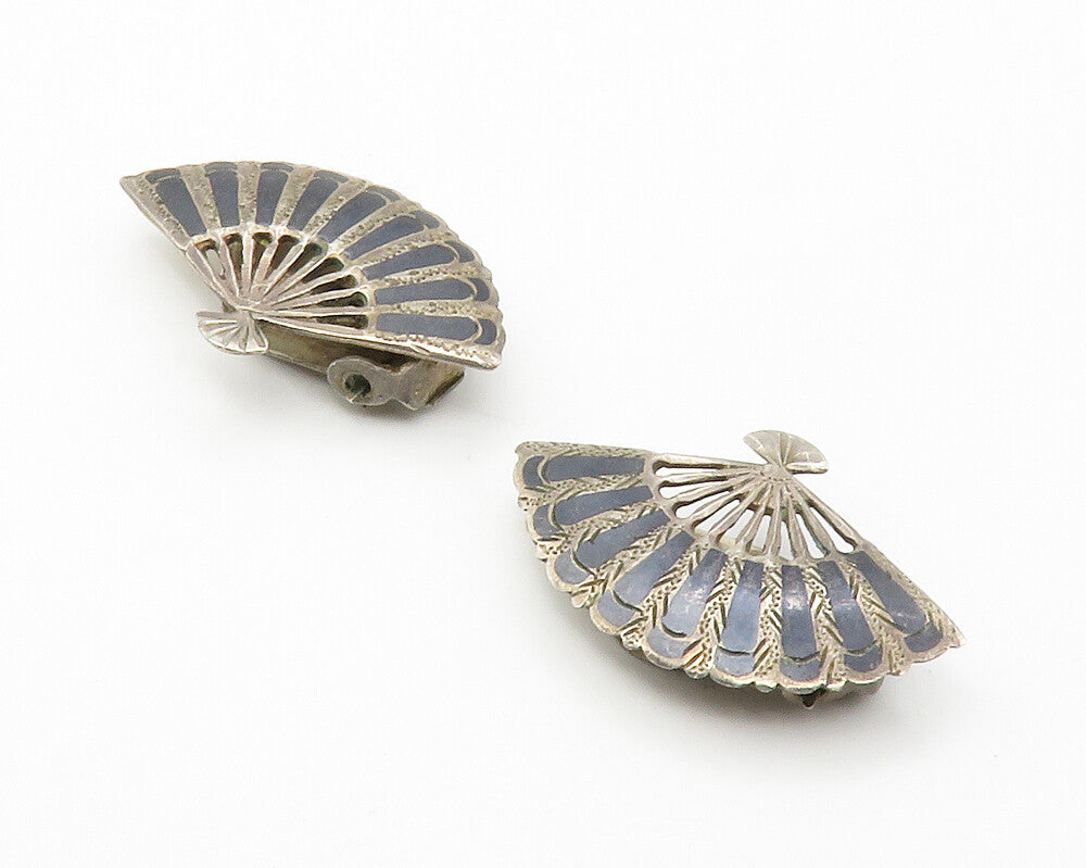 SIAM 925 Sterling Silver Vintage Enamel Fan Motif Non Pierce Earrings EG7414