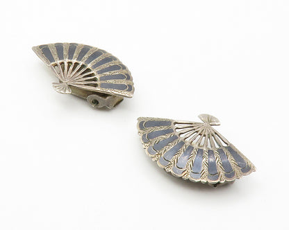SIAM 925 Sterling Silver Vintage Enamel Fan Motif Non Pierce Earrings EG7414