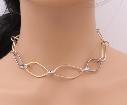 925 Sterling Silver Vintage Necklace Gold Plated Brutalist Linked Rings  NE4371