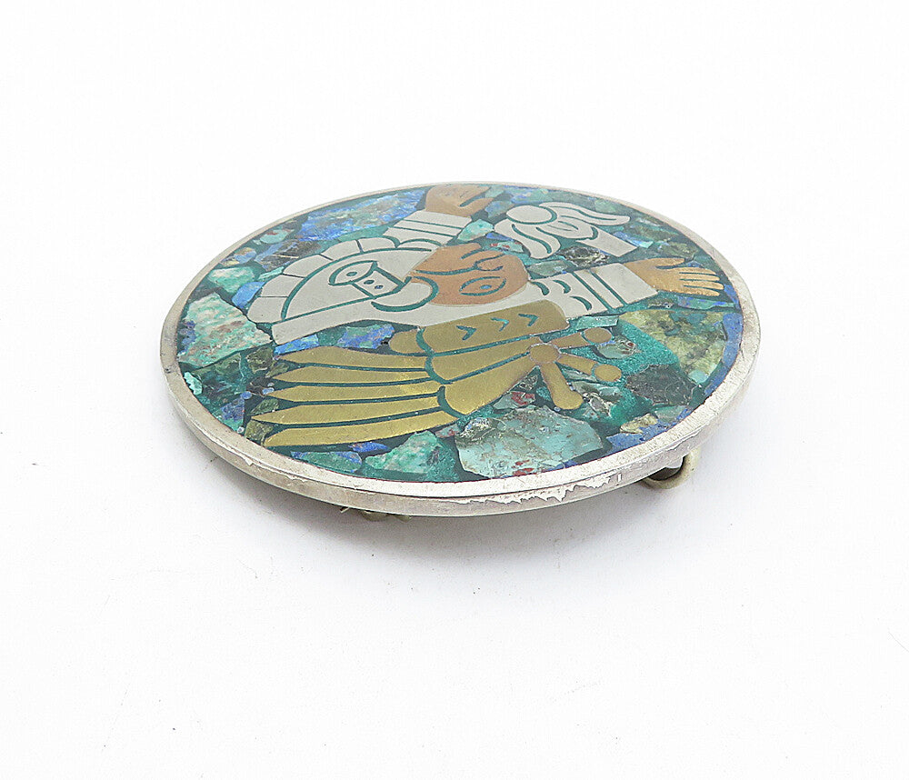MEXICO 925 Sterling Silver  Vintage Jasper 2 Tone Pattern Brooch Pin  BP1570