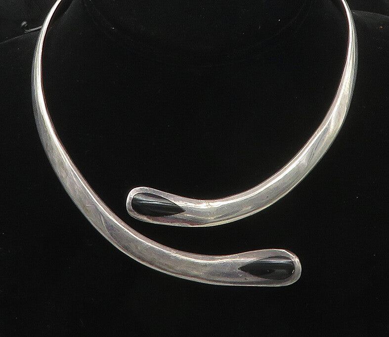 MEXICO 925 Sterling Silver  Vintage Inlaid Solid Collar Necklace  NE2927