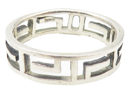 925 Sterling Silver  Vintage Shiny Greek Key Cutout Band Ring Sz 8  RG11261