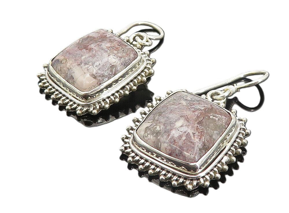 925 Sterling Silver  Vintage Cabochon Cut Jasper Square Drop Earrings  EG3232