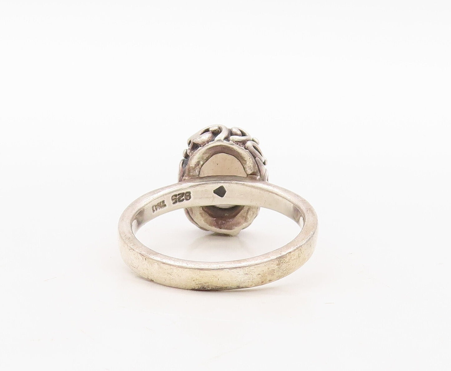 925 Sterling Silver Vintage Ring Dark Tone Carved Smoky Quartz  Sz 10  RG31137