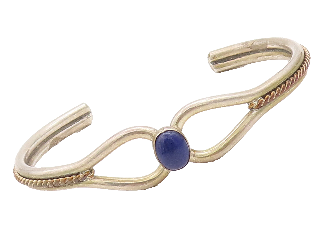 925 Sterling Silver Vintage Bracelet Twisted Rope Cutout Lapis Lazuli  BT10311