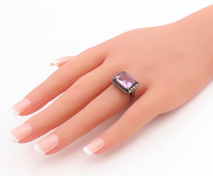 925 Sterling Silver Vintage Ring Amethyst & Topaz Geometric Band  Sz 6  RG33848