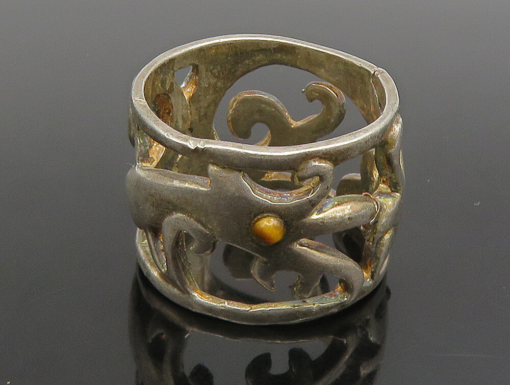 925 Sterling Silver  Vintage Tiger's Eye Swirl Cutout Band Ring Sz 8  RG24762