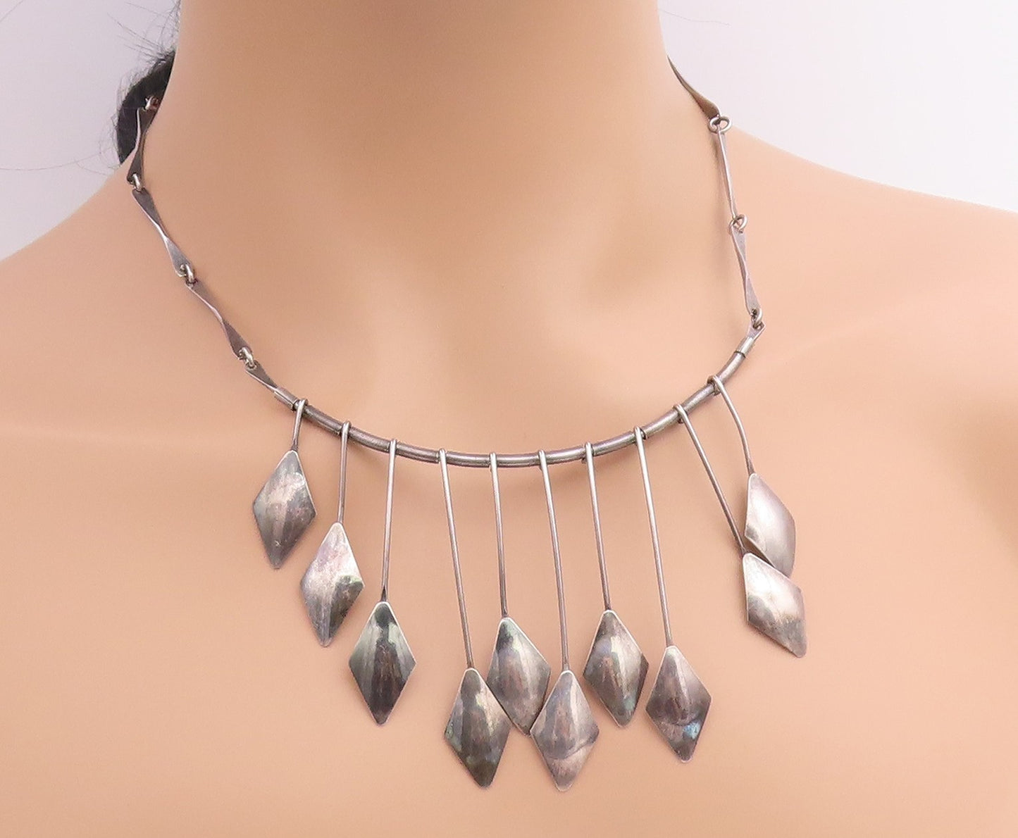 925 Sterling Silver Vintage Necklace ISRAEL Geometric Fringe Collar  NE4937