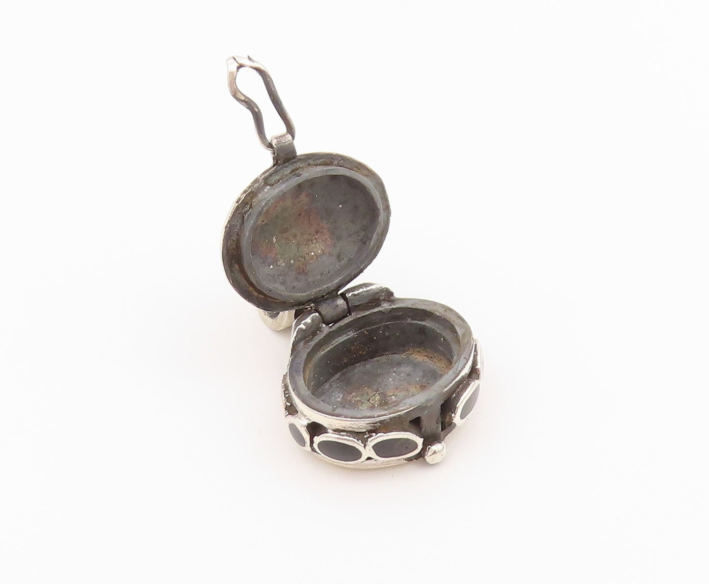 925 Sterling Silver Vintage Pendant Solid Onyx Carved Box OPENS  PT24300