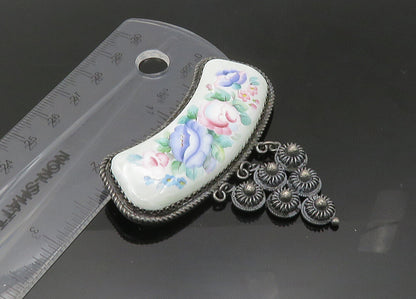 925 Sterling Silver  Vintage Enamel Floral Art Twist Border Brooch Pin  BP8654