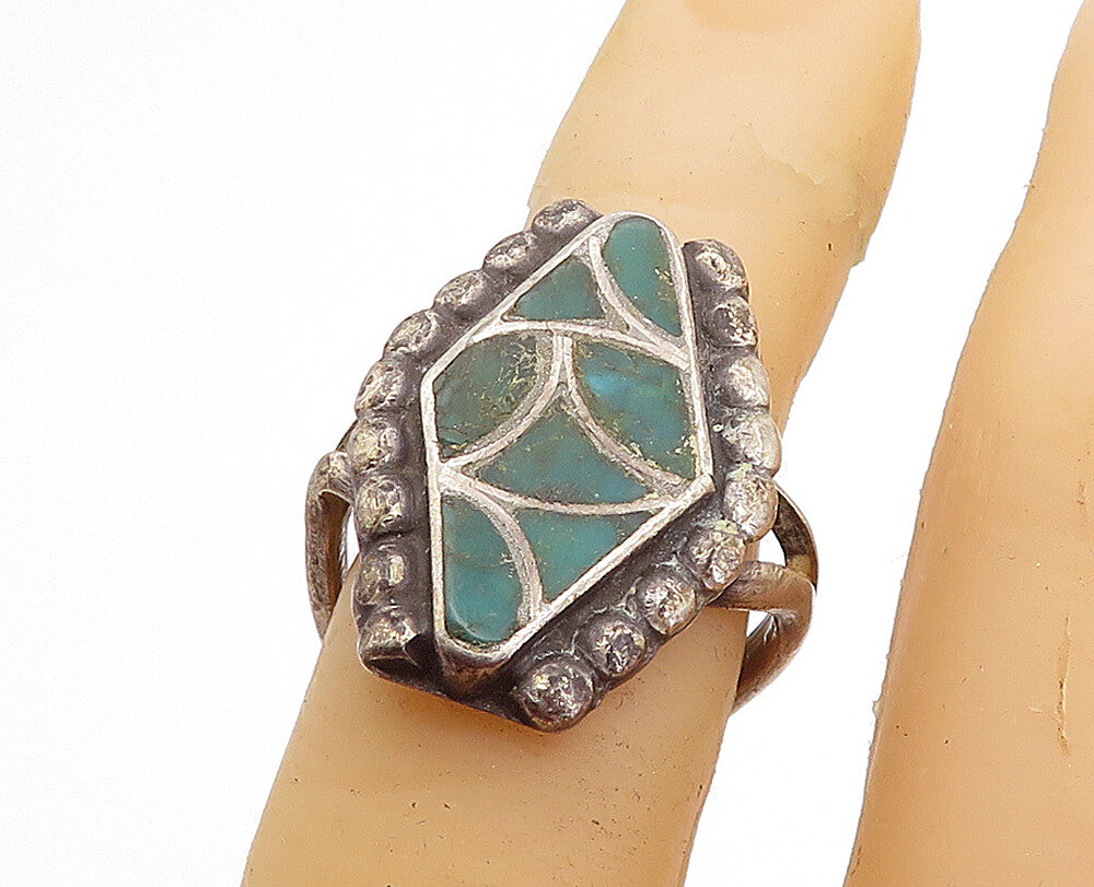 NAVAJO 925 Sterling Silver  Vintage Antique Turquoise Band Ring Sz 5.5  RG4666