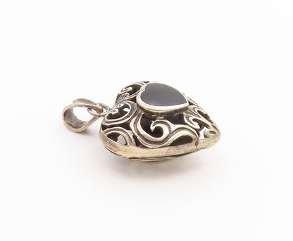 925 Sterling Silver Vintage Pendant Onyx Open Scrollwork Love Heart  PT26544