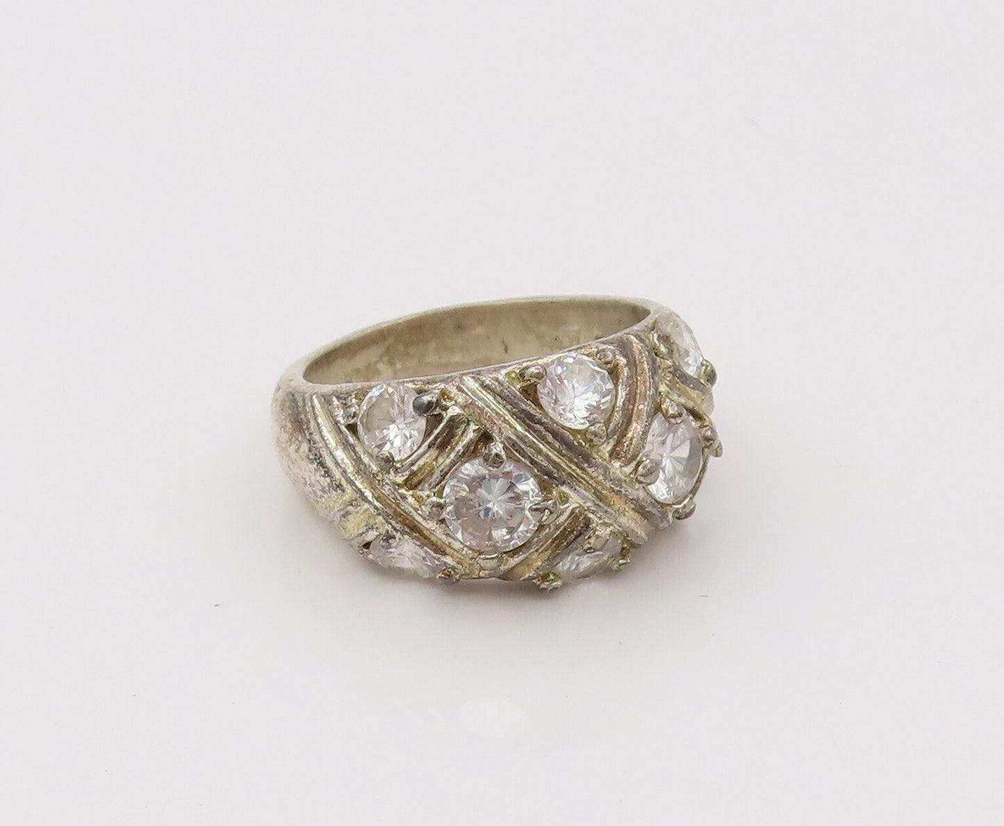 925 Silver  Vintage Roped Square Grid With CZ Broad Band Ring Sz 8.75  RG26635