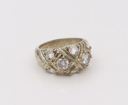 925 Silver  Vintage Roped Square Grid With CZ Broad Band Ring Sz 8.75  RG26635