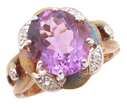 925 Sterling Silver Vintage Ring Gold Plated Amethyst & CZ Flower  Sz 8  RG30901