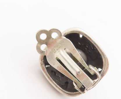 925 Sterling Silver Vintage Earrings Swirly Carved Square And Grey Pearl EG12884