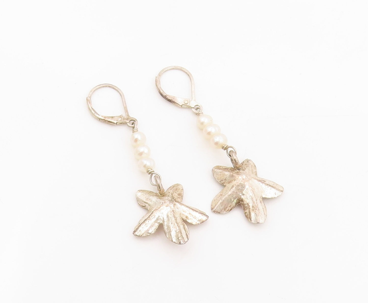 925 Sterling Silver Vintage Earrings Round Pearl Etched Floral Dangles  EG13804