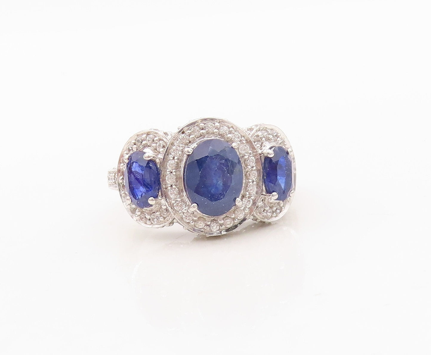925 Sterling Silver Vintage Ring Oval Cut Sapphire Halo CZ  Sz 7.5  RG30373