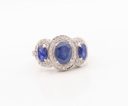 925 Sterling Silver Vintage Ring Oval Cut Sapphire Halo CZ  Sz 7.5  RG30373