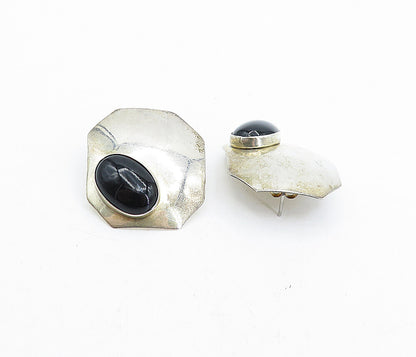925 Sterling Silver  Vintage Cabochon Cut Black Onyx Octagon Earrings  EG2667