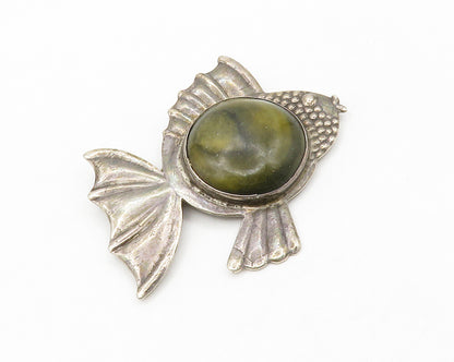 MEXICO 925 Sterling Silver  Vintage Antique Jasper Fish Brooch Pin  BP5217