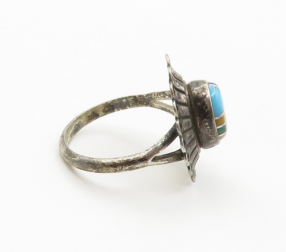 ZUNI 925 Silver Vintage Malachite & Multi Stone Band Ring Sz 5.5 RG15366