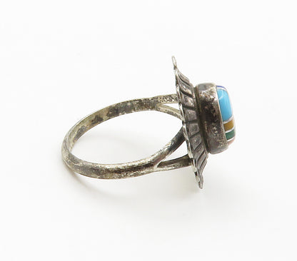 ZUNI 925 Silver Vintage Malachite & Multi Stone Band Ring Sz 5.5 RG15366