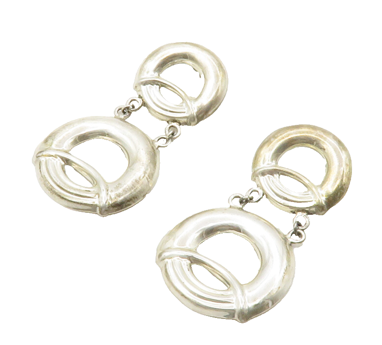 925 Sterling Silver  Vintage Shiny Open Circle Linked Drop Earrings  EG6728