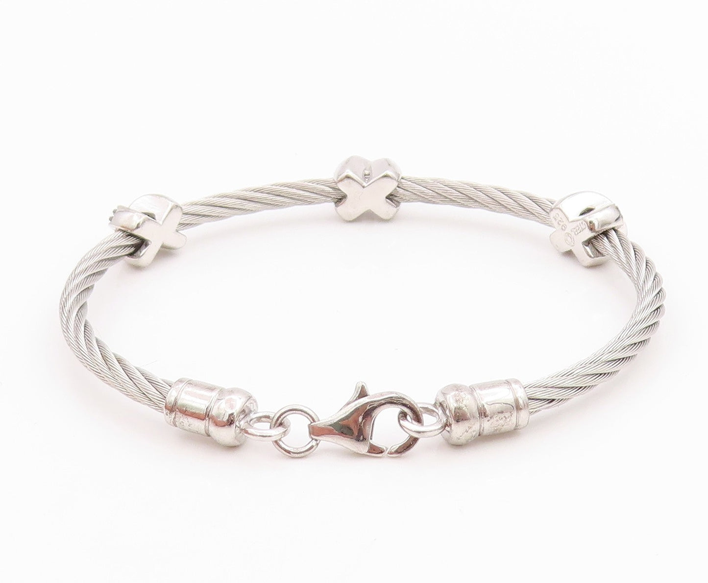 925 Sterling Silver Vintage Bracelet Roped Green CZ Inlay X Bangle  BT11300