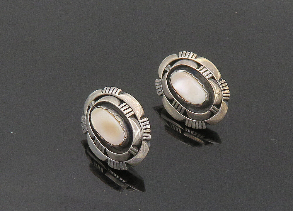L.M. NEZ NAVAJO 925 Silver  Vintage Mother Of Pearl Drop Earrings  EG10104