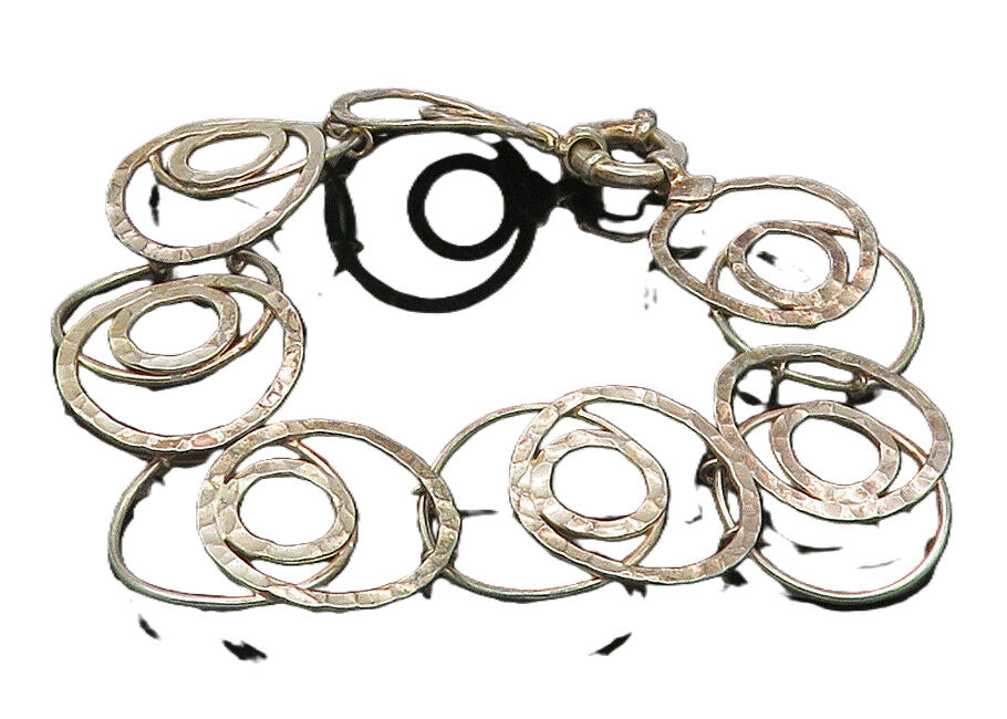 925 Sterling Silver  Vintage Hammered Open Circle Chain Bracelet  BT6116