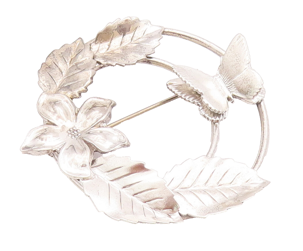 925 Sterling Silver Vintage Brooch Pin Solid Carved Butterfly Flowers  BP10770