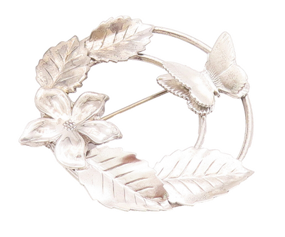 925 Sterling Silver Vintage Brooch Pin Solid Carved Butterfly Flowers  BP10770