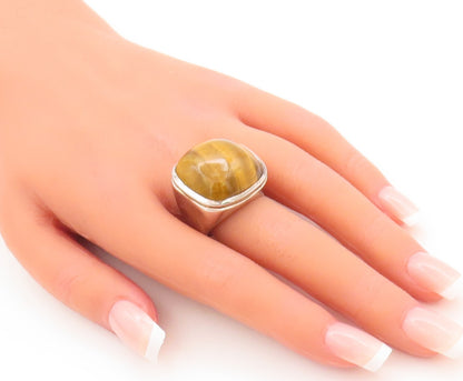 925 Sterling Silver Vintage Ring Large Square Tiger's Eye Inlay Sz 8  RG29534