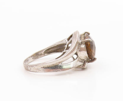 925 Sterling Silver Vintage Ring Modernist Smoky Quartz Band  Sz 7.5  RG36252