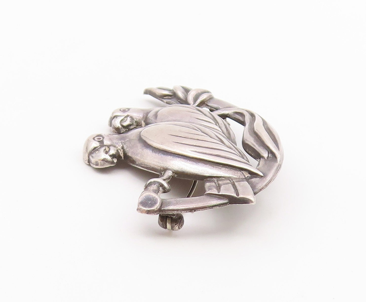 925 Sterling Silver  Vintage Shiny Love Birds On Branch Brooch Pin  BP9153