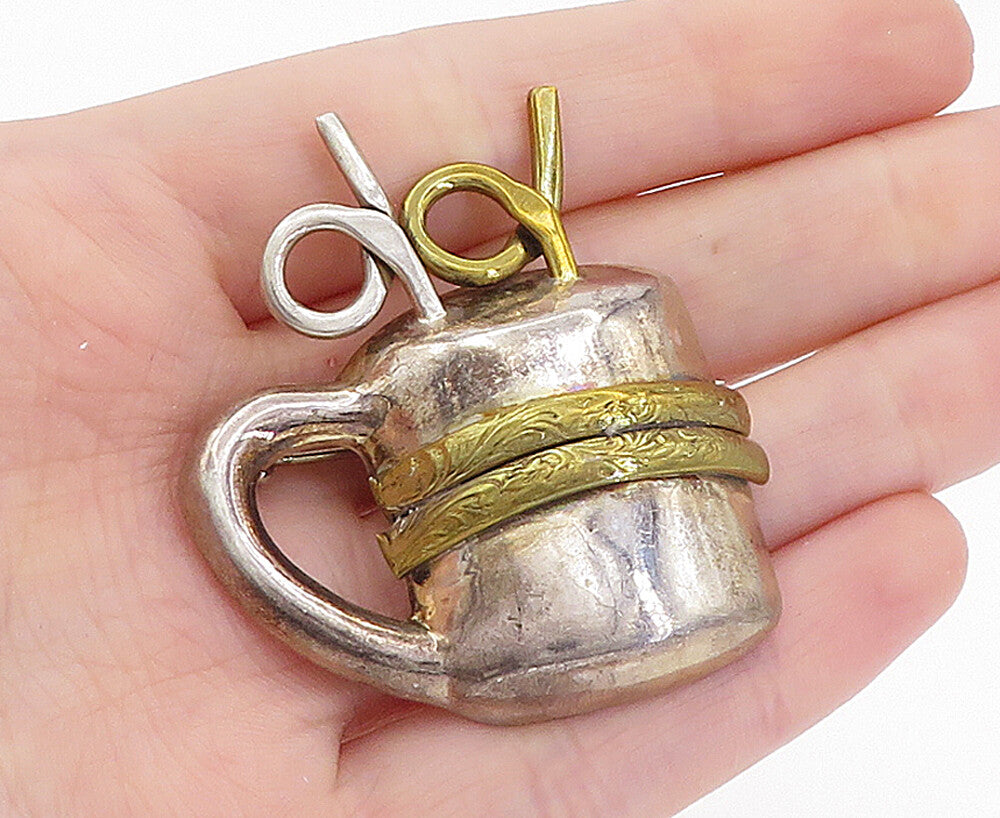 MEXICO 925 Sterling Silver  Vintage Two Tone Cup With Straws Brooch Pin BP2378